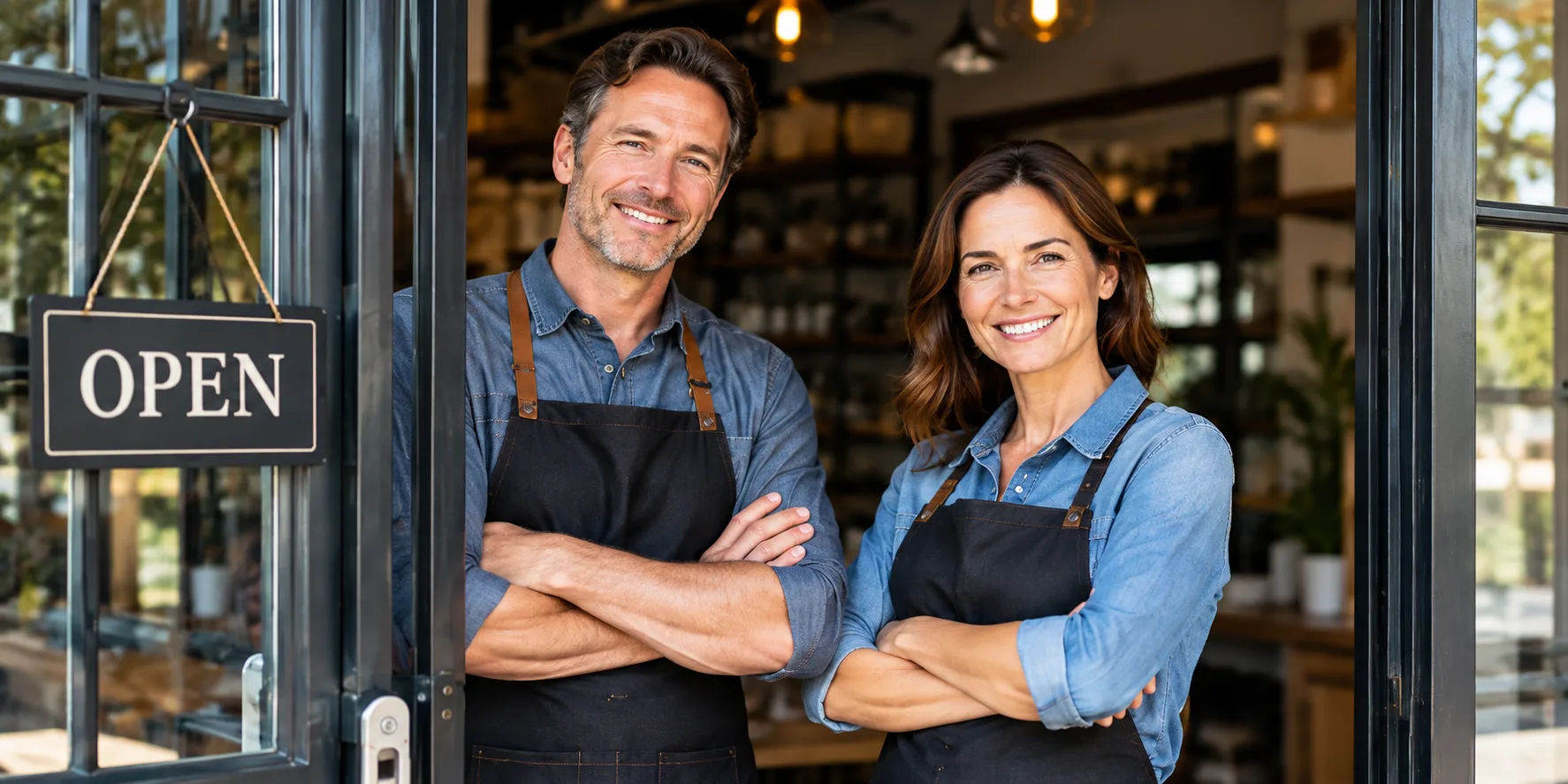 Two smiling small business owners standing in the doorway of their shop